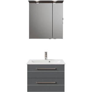 Saphir Badmöbel-Set Serie 6025 2-teilig Mineralmarmor-Waschtisch mit LED-Spiegelschrank, (2-St), Waschplatz 67 cm breit, 2 Schubladen, 2 Spiegel-Türen, inkl Türdämpfer