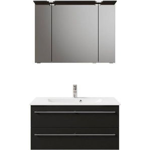 Saphir Badmöbel-Set Serie 6025 2-teilig Mineralmarmor-Waschtisch mit LED-Spiegelschrank, (2-St), Waschplatz 97 cm breit, 2 Schubladen, 3 Spiegel-Türen, inkl Türdämpfer