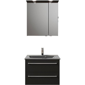 Saphir Badmöbel-Set Serie 6025 2-teilig Mineralmarmor-Waschtisch mit LED-Spiegelschrank, (2-St), Waschplatz 67 cm breit, 2 Schubladen, 2 Spiegel-Türen, inkl Türdämpfer