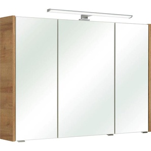 Spiegelschrank PELIPAL Quickset 362 Schränke Gr. B/H/T: 100 cm x 70 cm x 18 cm, 3 St., braun (riviera eiche nachbildung) Spiegelschrank mit Beleuchtung Spiegelschränke