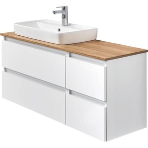 Saphir Waschtisch Quickset 360 Waschplatz mit Keramik-Aufsatzbecken, wandhängend, Waschtischplatte, 113 cm breit, Weiß Glanz, 4 Schubladen