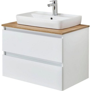 Saphir Waschtisch Quickset 360 Waschplatz mit Keramik-Aufsatzbecken, wandhängend, Waschtischplatte, 78 cm breit, Weiß Glanz, 2 Schubladen