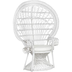 Pfauensessel Weiß Rattan mit Kissen aus Baumwolle Indoor u. Outdoor Garten Lounge Terrasse Patio Balkon Wohnzimmer Schlafzimmer Möbel