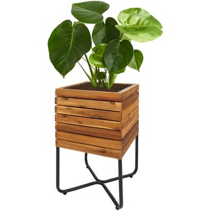 Pflanzkasten HWC-L25, Pflanzkübel Blumenkasten, quadratisch 60x33x33cm Outdoor Stahl Akazie Holz MVG-zertifiziert, braun