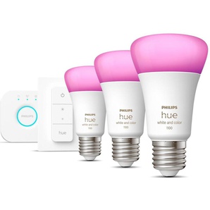 Philips Hue LED-Leuchtmittel White&Col. Amb. E27 3er StarterSet +DS 3x800lm 75W, E27, 5 St., Farbwechsler, Warmweiß