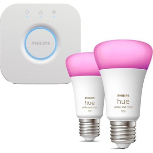 Philips Hue LED-Leuchtmittel White & Color Amb., E27, Farbwechsler, Hue Bridge, Netzteil, Ethernet-Netzwerkkabel, Hue White & Col. Amb.