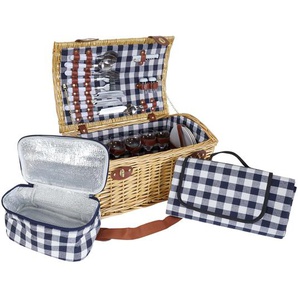 Picknickkorb-Set HWC-B23 für 6 Personen, Weiden-Korb Picknickdecke, Porzellan Glas Edelstahl, blau-weiß