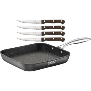 PINTINOX Grillpfanne ST1, Aluminium (Set, 5-tlg), Induktionsgeeignet, inkl. 4 Steakmessern