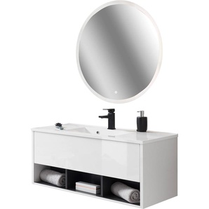 Badmöbel-Set PLACES OF STYLE Studio Line« Kastenmöbel-Sets Gr. B/H: 100 cm x 80 cm, Spiegel rund, weiß (weiß, weiß, applikation anthrazit) Badmöbelserien
