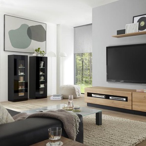 Wohnwand PLACES OF STYLE Cayman Kastenmöbel-Sets schwarz (schwarz mdf hochglanz, grandson oak) Hochglanz Wohnwände Holz Wohnwand Kastenmöbel-Sets