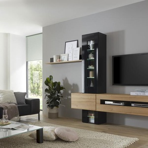 Wohnwand PLACES OF STYLE Cayman Kastenmöbel-Sets schwarz (schwarz mdf hochglanz, grandson oak) Hochglanz Wohnwände Holz Wohnwand Kastenmöbel-Sets