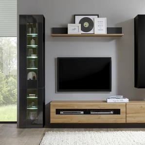Wohnwand PLACES OF STYLE Cayman Kastenmöbel-Sets schwarz (schwarz mdf hochglanz, grandson oak) Hochglanz Wohnwände Holz Wohnwand Kastenmöbel-Sets