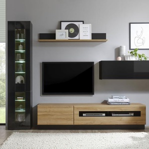 Wohnwand PLACES OF STYLE Cayman Kastenmöbel-Sets schwarz (schwarz mdf hochglanz, grandson oak) Hochglanz Wohnwände Holz Wohnwand Kastenmöbel-Sets