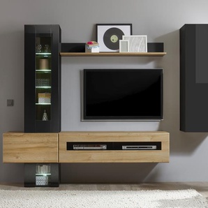 Wohnwand PLACES OF STYLE Cayman Kastenmöbel-Sets schwarz (schwarz mdf hochglanz, grandson oak) Hochglanz Wohnwände Holz Wohnwand Kastenmöbel-Sets