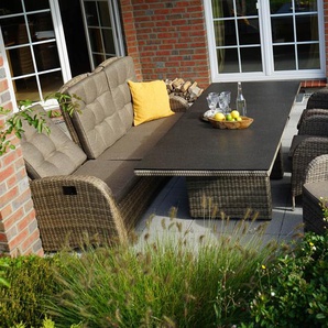 Ploß Rabida Comfort Garten-Essgruppe, champagner-meliert, Polyrattan, Tisch 220 x 100 cm, 3-Sitzer + 3 Sessel