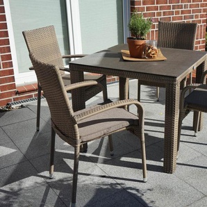 Ploß Rabida Garten-Essgruppe, champagner-meliert, Polyrattan, Tisch 90 x 90 cm, 4 Stapelstühle, Glasplatte in Steinoptik