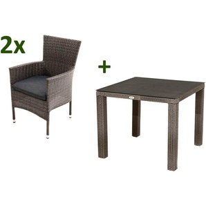 Ploß Rocking Balkon-Set, grau/braun-meliert, Polyrattan, Tisch 90x90 cm, 2 Stapelsessel, Glasplatte in Steinoptik