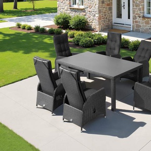 Ploß Rocking Garten-Essgruppe, grau/braun-meliert, Polyrattan, Tisch 180 x 110 cm, 6 Sessel