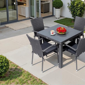 Ploß Rocking Garten-Essgruppe, grau/braun-meliert, Polyrattan, Tisch 90 x 90 cm, 4 Stapelstühle, Glasplatte in Steinoptik