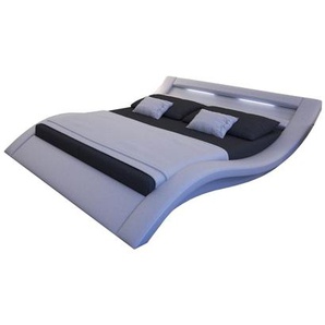 Polsterbett 140x200 cm, LED, weiß, Kunstleder-Optik, geschwungene Linienführung, integrierte Lichtleiste - Bett, Doppelbett, Schlafbett, Designerbett, Luxusbett