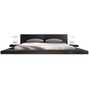 Polsterbett 140x200 cm, schwarz, Kunstleder-Optik, niedriges Gestell, inkl. 2 fest installierte Nachtkonsolen - Bett, Doppelbett, Schlafbett, Designerbett, Luxusbett