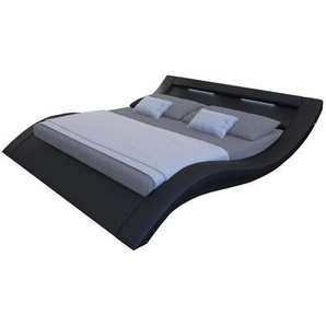 Polsterbett 180x200 cm, LED, schwarz, Kunstleder-Optik, geschwungene Linienführung, integrierte Lichtleiste - Bett, Doppelbett, Schlafbett, Designerbett, Luxusbett