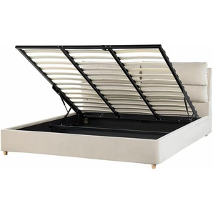 Polsterbett aus Samtstoff Beige 180 x 200 cm mit Bettkasten hochklappbar Doppelbett Elegantes Modernes Design