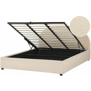 Polsterbett Beige Bouclé-Stoff 180 x 200 cm mit Stauraum Bettkasten minimalistisch modern Retro Design für Schlafzimmer