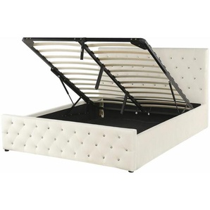 Polsterbett Beige Samtstoff 160 x 200 cm mit Bettkasten hochklappbar u. hohem Kopfteil Doppelbett Elegantes Modernes Gesterfield Design