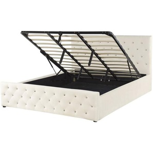Polsterbett Beige Samtstoff 180 x 200 cm mit Bettkasten hochklappbar u. hohem Kopfteil Doppelbett Elegantes Modernes Gesterfield Design