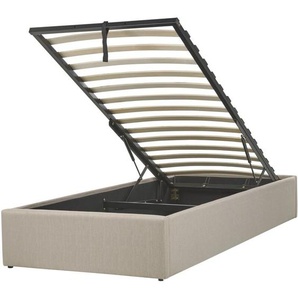 Polsterbett Beige Stoffbezug mit Lattenrost 90 x 200 cm Hochklappbar Bettkasten Skandi Modern Einzelbett Schlafzimmer Ausstattung