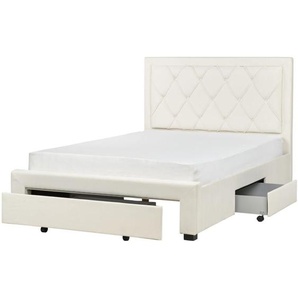 Polsterbett Creme Samtstoff 3 Schubladen Lattenrost 140 x 200 cm mit Hohem Kopfteil im Chesterfield Stil Knopfheftung Glamourös Schlafzimmer