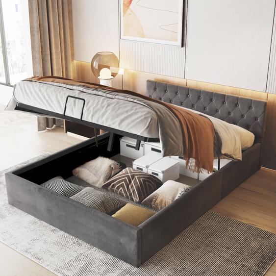 Polsterbett Doppelbett hydraulisches Bett mit geräumiger Bettkasten und Lattenrost Geeignet für 140 x 200 Matratzen Bezug aus Samtstoff