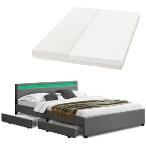 Polsterbett Lyon 180 x 200 cm mit Bettkasten, led Beleuchtung, Lattenrost & Matratze - Kunstleder & Holz – Bett Bettgestell Doppelbett grau - Juskys