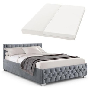 Polsterbett Nizza 180x200 cm mit Matratze - Bettgestell mit Lattenrost, Stauraum & led Beleuchtung – Samtbezug, Chesterfield-Steppung - Grau - Juskys