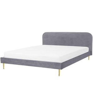 Bett Grau Samtstoff mit Lattenrost 180 x 200 cm Metallfüße Gold hohes Kopfteil Retro Glamourös Polsterbett Doppelbett Schlafzimmer