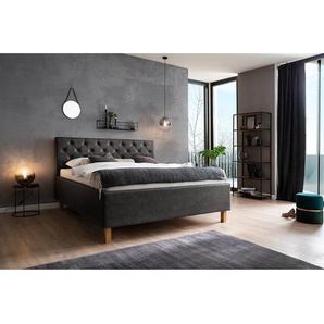 Polsterbett 160 x 200cm Webstoff Schwarz/Anthrazit Eiche Hell