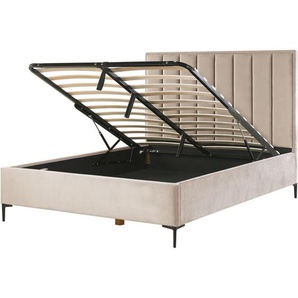 Polsterbett Taupe Samtstoff Gesteppt mit Hohem Kopfteil Bettkasten Lattenrost 160x200 cm Hochklappbar für Schlafzimmer Doppelbett Ehebett