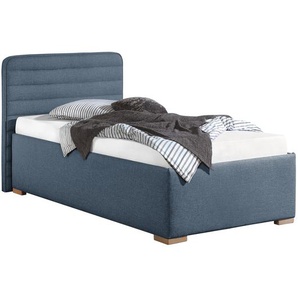 Polsterbett Vitaby Strukturstoff 100 x 200cm Bezug: Strukturstoff Füße: Massivholz Buche, geölt Blau/Jeansblau mit Lattenrost