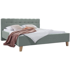 Polsterbett Woodlake I 180 x 200cm Webstoff Mavie Bianco/Mint mit Stauraum Eiche