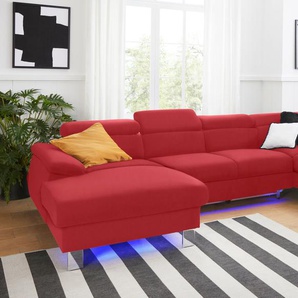 Polstergarnitur COTTA Komaris Sitzmöbel-Sets Gr. Kunstleder SOFTLUX, ohne Bettfunktion-ohne Bettkasten-mit RGB-LED-Beleuchtung-mit Kopfteilverstellung + Ottomane rechts, rot (red) Couchgarnituren Sets