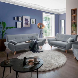 Polstergarnitur HOME AFFAIRE Basta Sitzmöbel-Sets Gr. H/T: 80 cm x 82 cm, Chenille-Struktur, blau (hellblau) Couchgarnituren Sets Komfortable Wellenunterfederung