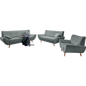 Polstergarnitur HOME AFFAIRE Basta Sitzmöbel-Sets Gr. H/T: 80 cm x 82 cm, Chenille-Struktur, grau (grau, grün) Couchgarnituren Sets Komfortable Wellenunterfederung