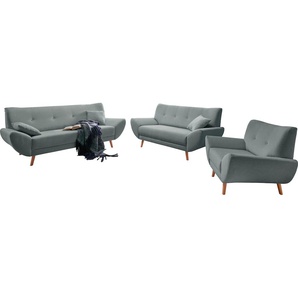 Polstergarnitur HOME AFFAIRE Basta, grau (grau, grün), H:80cm T:82cm, 100% Polyester, Sitzmöbel-Sets, Komfortable Wellenunterfederung, Topseller