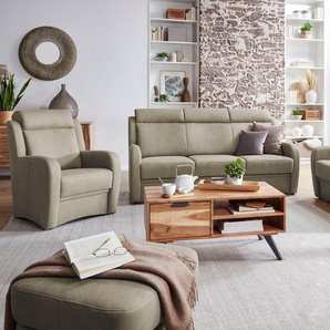 Polstergarnitur VILLA BECK Varese, grün (14 stone), Microfaser, Kopfteilverstellung, Sitzmöbel-Sets, Kopfteilverstellung, Set aus 3-Sitzer und 2x Sessel, in Sitzhöhe 49, Topseller