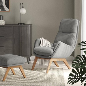 Polsterhocker mit Holzfüßen 54 x 41 x 41cm Grau Eiche Dunkel Bouclé Stoff Bony: Grau