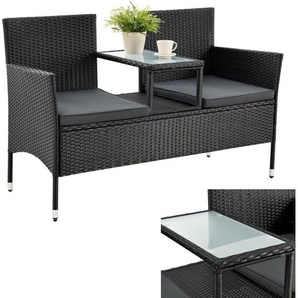 Juskys - Polyrattan Gartenbank Monaco - 2-Sitzer Bank mit Tisch & Kissen - 133 × 63 × 84 cm - Rattan Sitzbank wetterfest Garten Balkon – schwarz