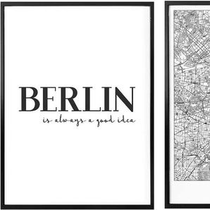 Poster WALL-ART Berlin Stadtkarte Schriftzug Set Bilder Gr. B/H: 50 cm x 60 cm, Blumen, 2 St., schwarz (weiß, schwarz, grau) Poster
