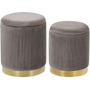 Pouf 2er Set Grau Samtstoff mit Goldenem Rand Metallband Runde Form Rillen-Optik Retro Stil Glamourös Wohnzimmer Schlafzimmer Flur Modern