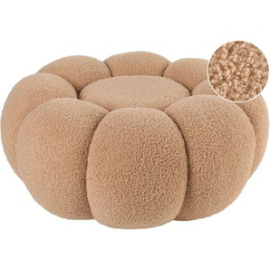 Pouf Hellbraun Bouclé Rund 60 x 60 x 27 cm Kürbisform Modern Glamour Look Teddy-Optik Wohnzimmer Schlafzimmer Deko Sitzhocker Fußhocker